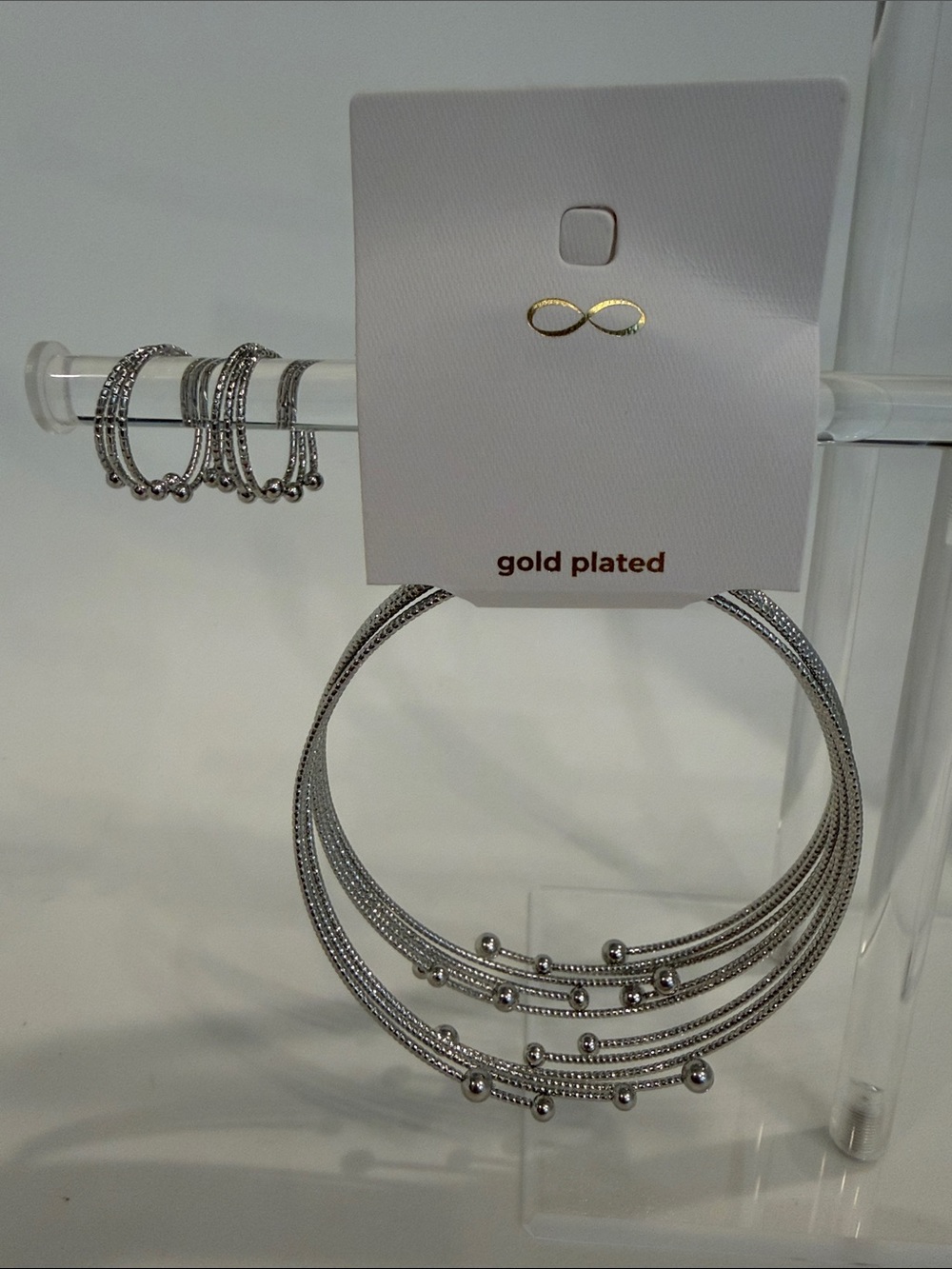 Multi-Strand Silver-Tone Bracelet/Arm Band with Bead Accents, 2 Matching Rings